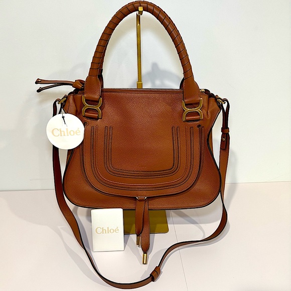 NWT Chloe Marcie Medium Bag In Tan Brown Grained Leather With Crossbody Strap - Picture 1 of 16